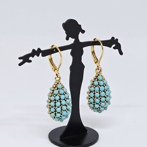 Joan Rivers Faux Turquoise Encrusted Egg Lever Back Pierced Earrings Teardrop - Picture 6 of 12